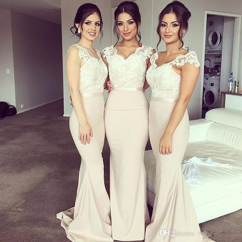 Nude Long Chiffon Bridesmaid Dresses For Bridal Cheap Lace V Neck Sheer Cap Sleeve Sweep Train Mermaid Wedding Guest Dress