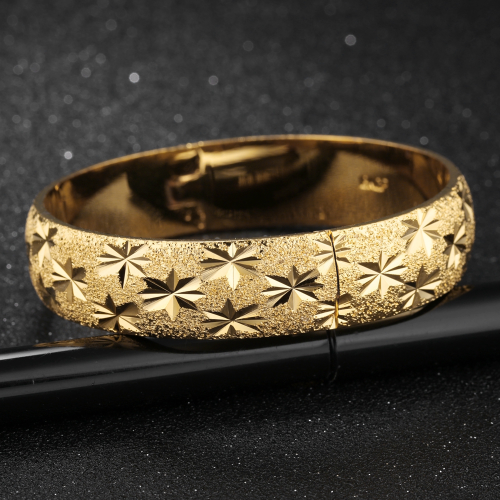 Thick Wedding Bangle 18K Yellow Gold Filled Womens Bangle Bracelet Carved Star Solid Jewelry Diameter 6cm,15mm Wide