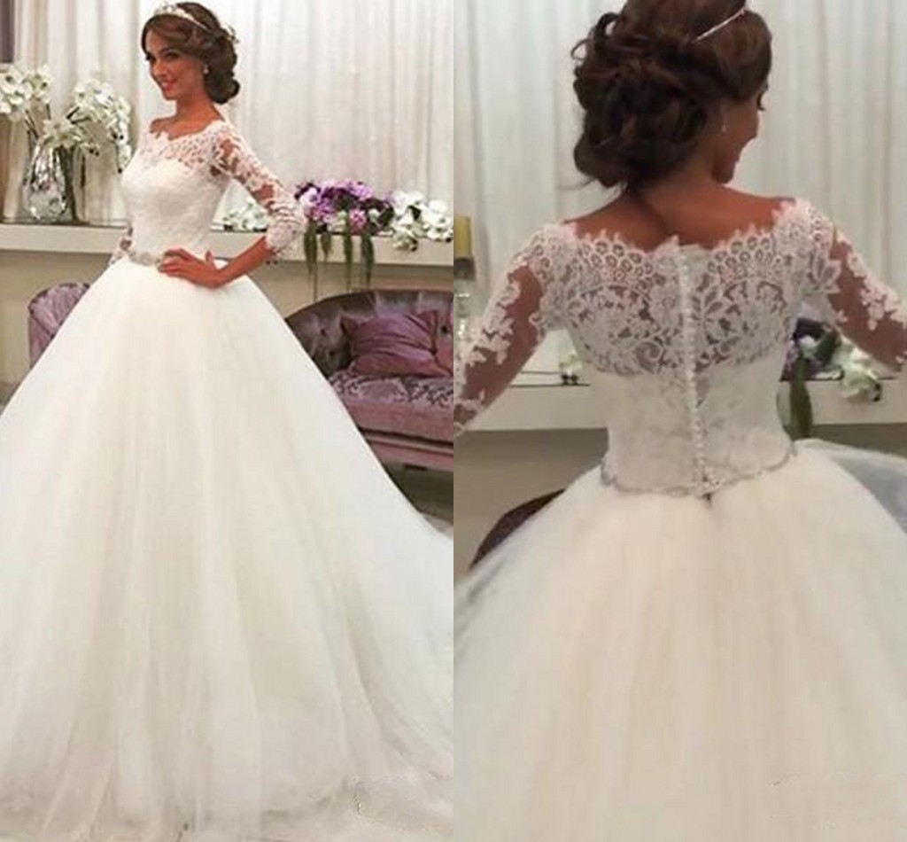 2017 Country Long Sleeve Wedding Dresses Ball Gown Off Shoulder Sweep Train Bridal Gowns With Lace Tulle Crystal Sash Plus Size Wedding Gown, White
2017 Country Long Sleeve Wedding Dresses Ball Gown Off Shoulder Sweep Train Bridal Gowns With Lace Tulle Crystal Sash Plus Size Wedding Gown, White