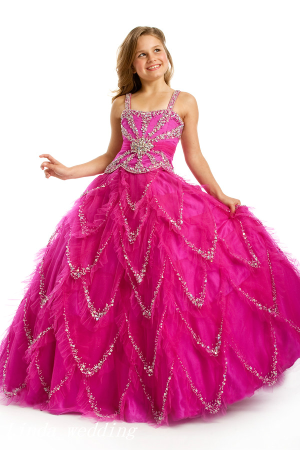 Sugar Fuschia Beaded Girl's Pageant Dress Princess Ball Gown Party Cupcake Prom Dress For Young Short Girl Pretty Dress For Little Kid