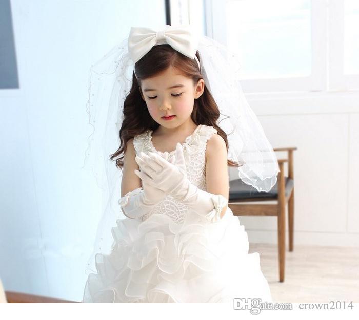 Three Layered White Pageant Veils For Little Girls Flower Girl Veil For Weddings Cute Beaded Princess With Bow Prom