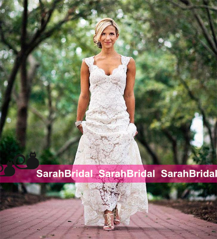 Full Lace Wedding Dresses Cheap V Neck Hollow Back Long Sweep Train Boho Garden Bridal Gown Custom Made Country Style New
