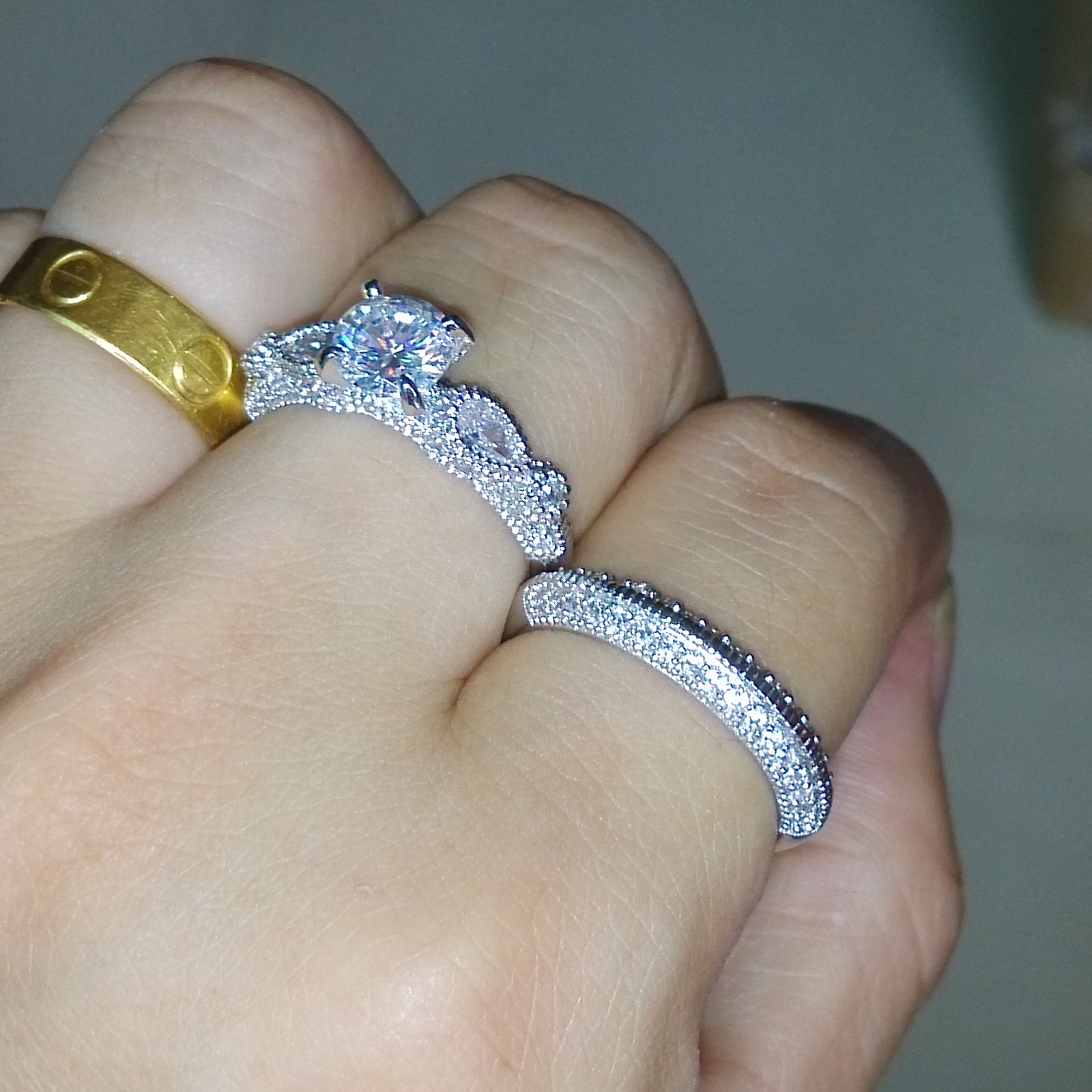 Sterg Sier Round Cut Simulated Dia Wedding Engagement Ring Set for Women Size 5-11, Pave Prong Setting, Cubic Zirconia, White Topaz & CZ, Bohemian Sty