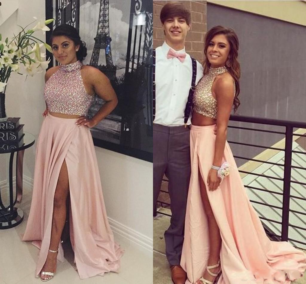 Modern Two Pieces Prom Dresses High Neck Crystal Beads Long Party Evening Gowns Hollow Back Side Split Plus Size 2016 Ocn Dress