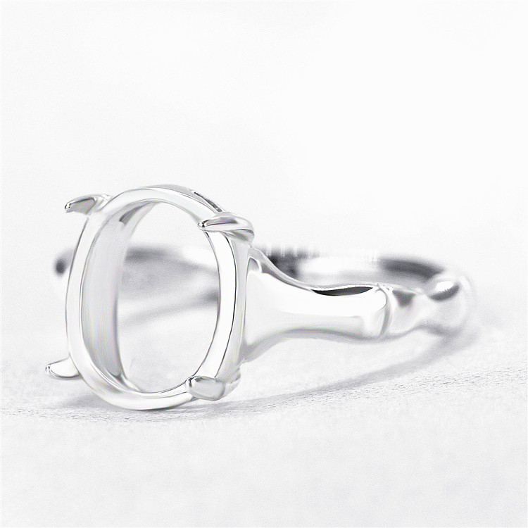 Sterling Silver 925 Plated White Gold Engagement Wedding Ring Semi Mount 8x10mm Oval Cabochon Fine Jewelry for Opal Amber Agate Setting