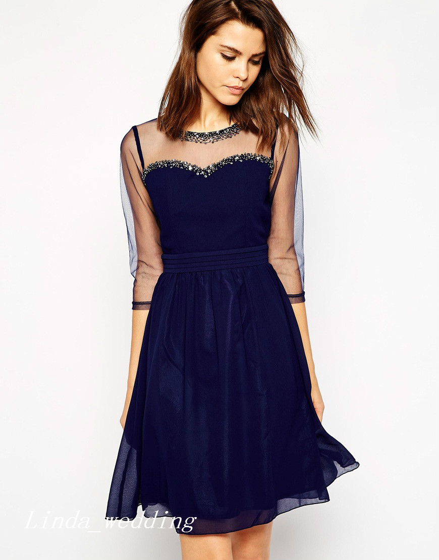 Cute Dark Navy Blue Short Prom Dress Sheer Beaded Chiffon Midi Special Occasion Cocktail Dress Evening Party Dress Women Wear