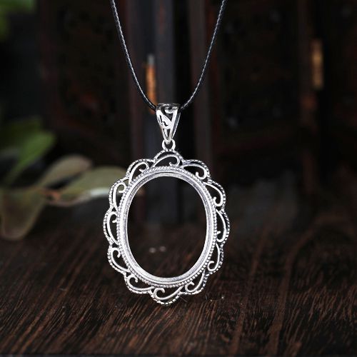 Real Sterling Silver 925 Retro Vintage Party Pendant Semi Mount Oval Cabochon 19x23mm for Amber Agate Opal Turquoise Lapis lazuli Setting