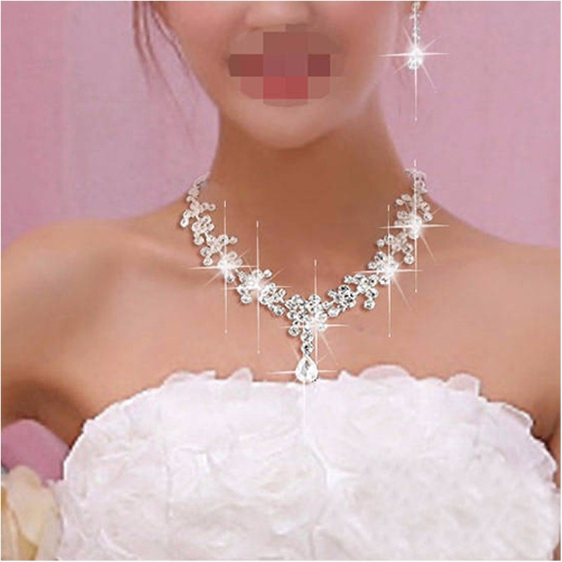 New Women Fashion Bridal Jewelry Rhinestone Crystal Drop Necklace Earring Plated Jewelry Set Ear Clip Needle Wedding Earrings Pendant