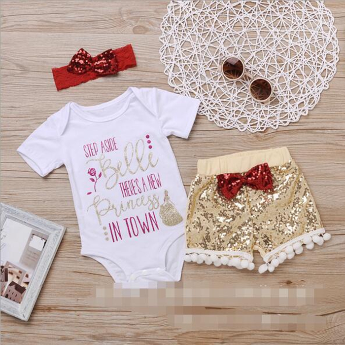INS Letters Girl Rompers Suit Children Short Sleeve Triangle Rompers Sequins Shorts Bowknot Hair Band 3pcs Sets Baby Clothing 7 Style DHT191