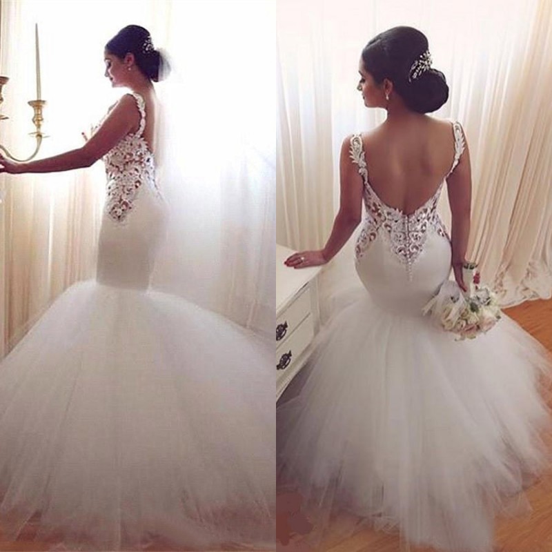 Fabulous 2016 Sexy Sweetheart Backless Tulle Mermaid Wedding Dresses Puffy Modest Lace Beaded Long Bridal Gowns Custom Made EN73010