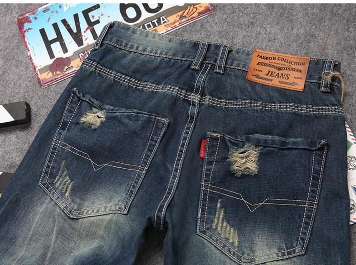 europen American style Distrressed Men's fashion brand hole jeans cotton straight slim denim Trousers luxury blue jeans for men