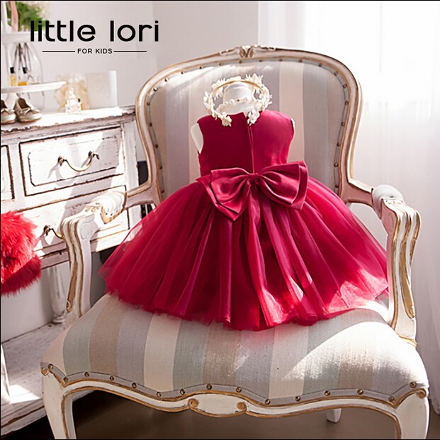Elegant Girl Summer Dresses 2016 Red Chiffon Girls Wedding Party Birthday Dress Girl Baptism Vestidos with Big Bow 6M-12Y