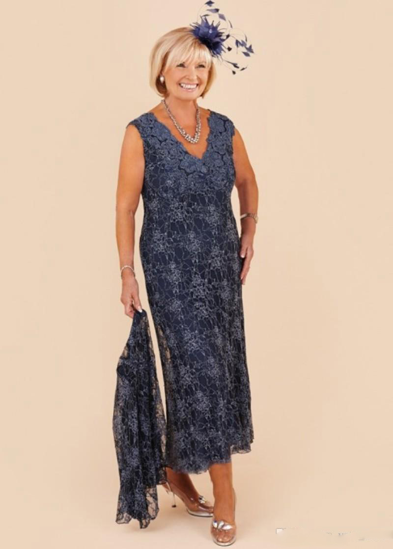 Modest Lace Mother of the Bride Dresses V-Neck Sleeveless With Skirt Ankle-Length Mother of the Bride Dresses Sheath Prom Gowns Cheap