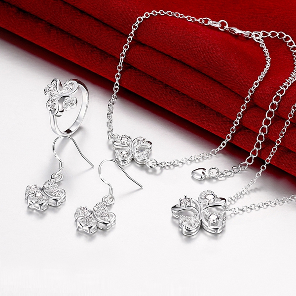Fashion 925 silver Four Leaf Flower necklace bracelet earring ring a famliy of four jewelry sets STSS034B sterling silver purple gemstone