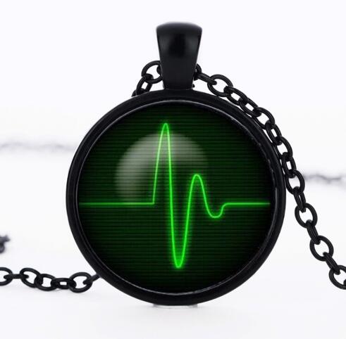 

Heartbeat Necklace glass round dome Heart Pendant jewelry Pendant Art gift for men women Green Black necklaces CN-516