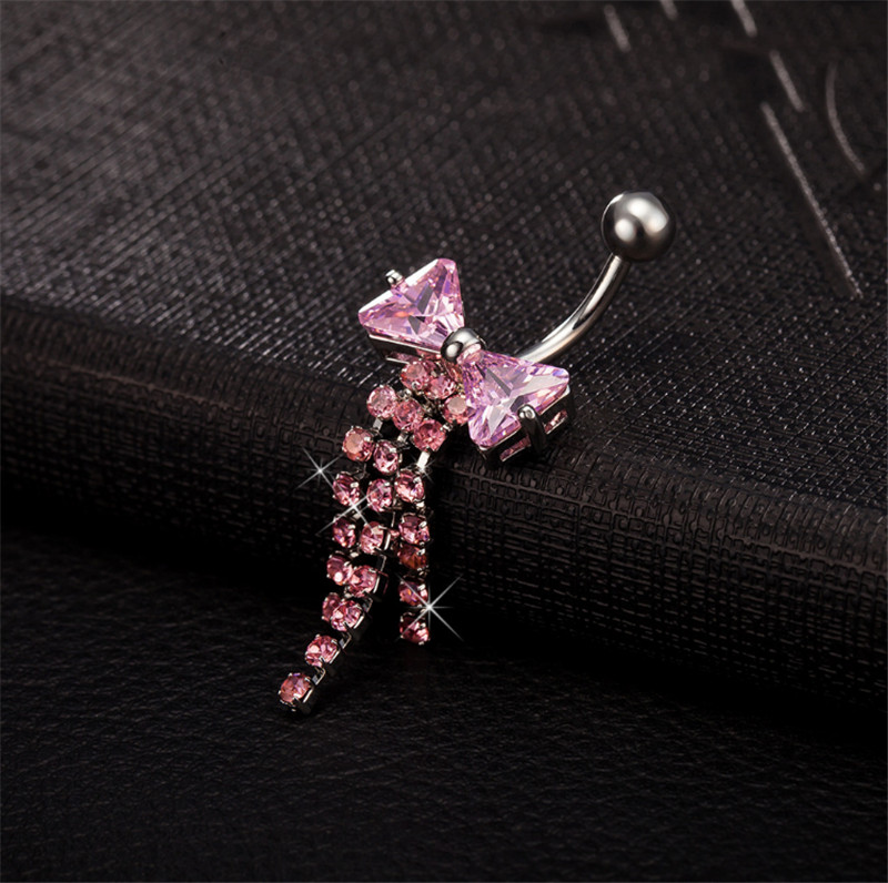 Women Lovery Body Piercing Dangle Navel Ring White Gold Plated Bowknot Tassles Belly Dance Ring for Girls Women