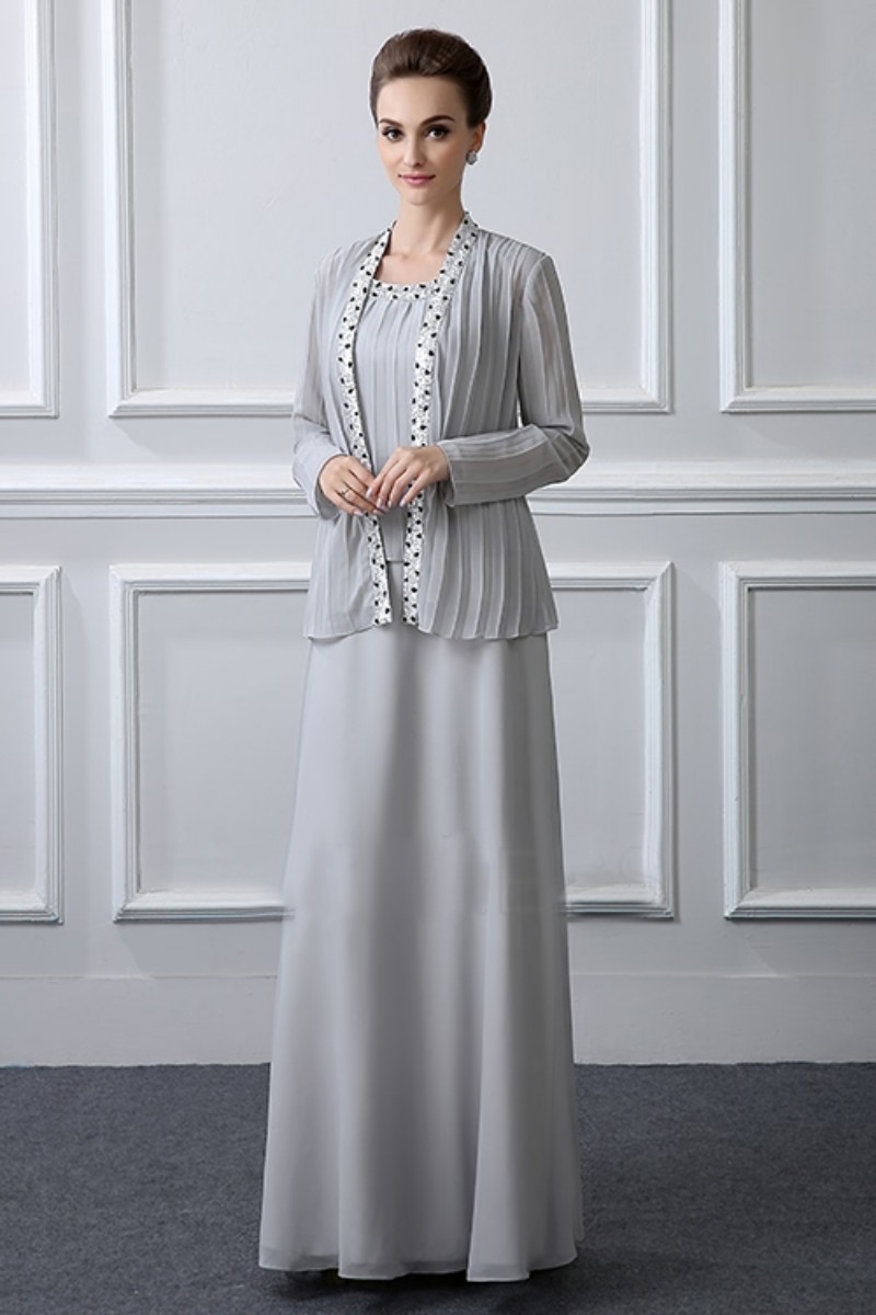 Light Grey Three Pieces Mother Of The Bride Dresses With Long Sleeve Jacket Beads Plus Size Mother's Dress Formal Occasion Gown