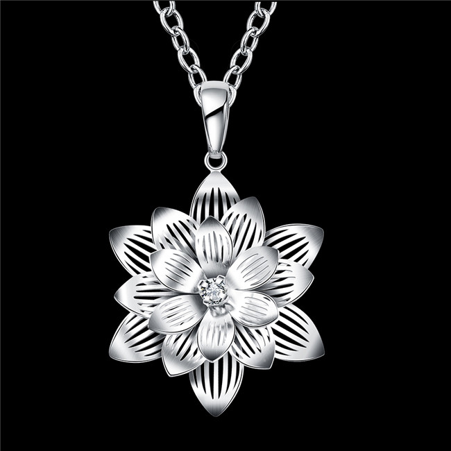 New women's Lotus flower shape Pendant Necklace white gemstone sterling silver plated necklace STSN735,hot sale fashion 925 silver necklace