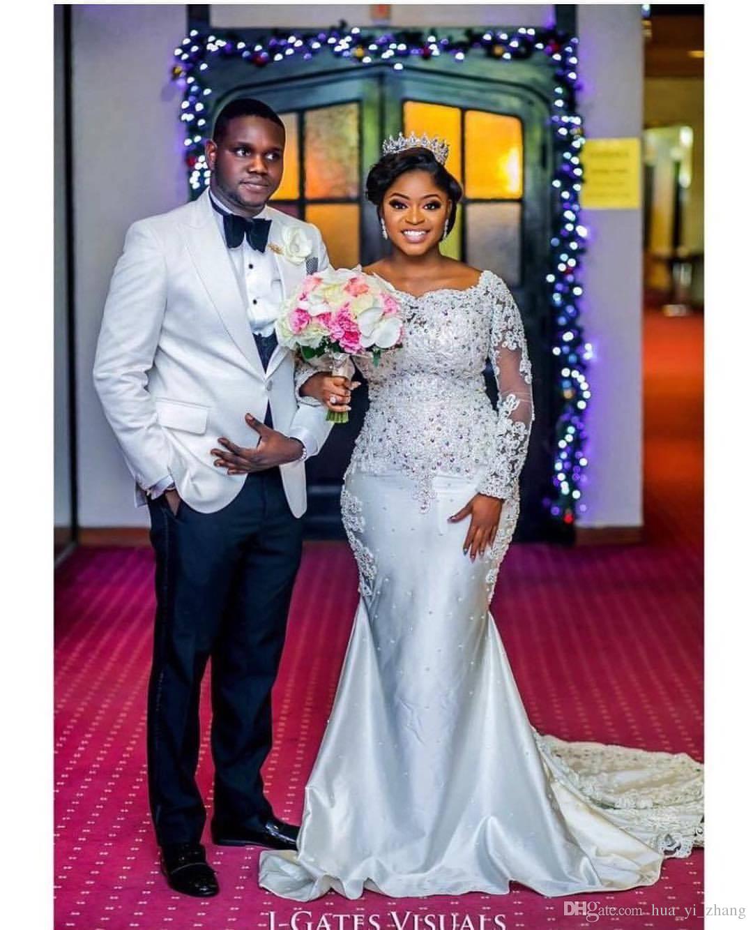 2019 African Sheer Long Sleeves Mermaid Wedding Dresses Applique Lace Square Beads Court Train Bridal Gowns Plus Size Custom Nigerian, Silver
2019 African Sheer Long Sleeves Mermaid Wedding Dresses Applique Lace Square Beads Court Train Bridal Gowns Plus Size Custom Nigerian, Silver