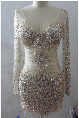 Long Sleeves V Neck Beaded Crystal Prom Dress Short 2019 Sexy Sheer Back Prom Gowns Real Photo