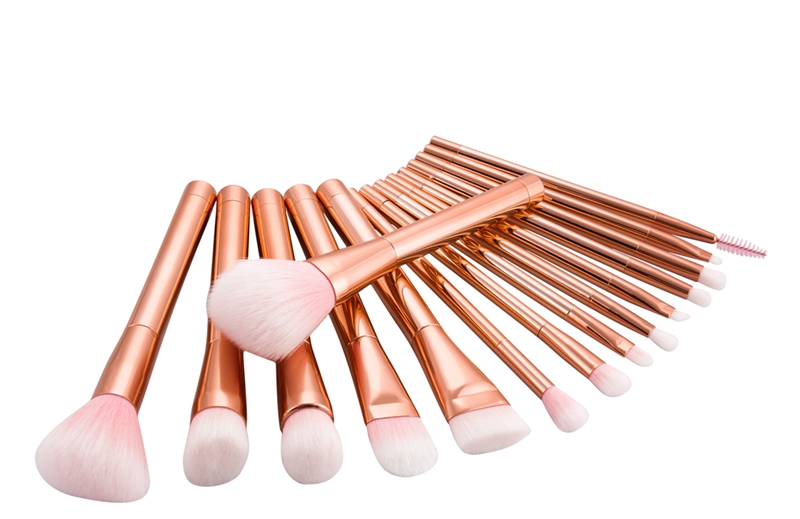 15 pcs set makeup brush, white brush with green handle, pink brush with gold handle, purple brush with black handle, 100 pcs/lot