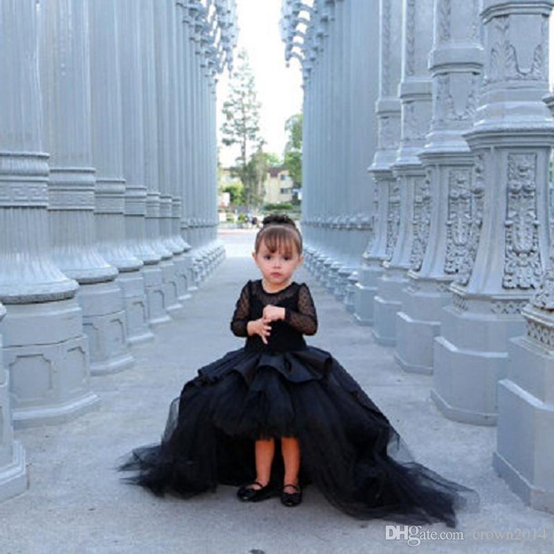 2022 New Black Long Sleeve Flower Girl Dresses For Wedding With Bow Tulle Jewel Neck Puffy Beaded High Low Little Girls Pageant Formal Dress