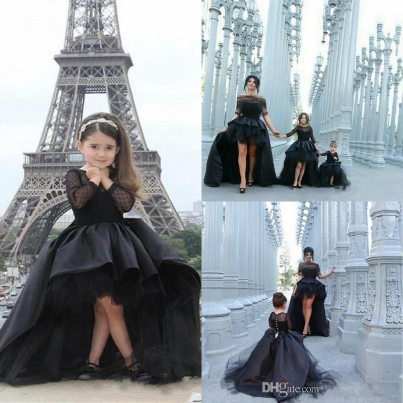 Black Hi-Lo Flower Girls For Weddings Customized Long Sleeve Pageant Dresses For Toddlers Teens Kids Formal Wear Party Communion Dress