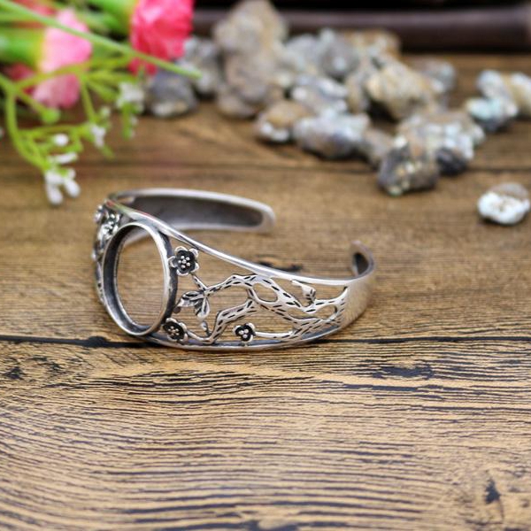 Art Deco 18x22mm Oval Cabochon Semi Mount Bangle 925 Sterling Silver Fashion Vintage Antique Women Flower Fine Silver