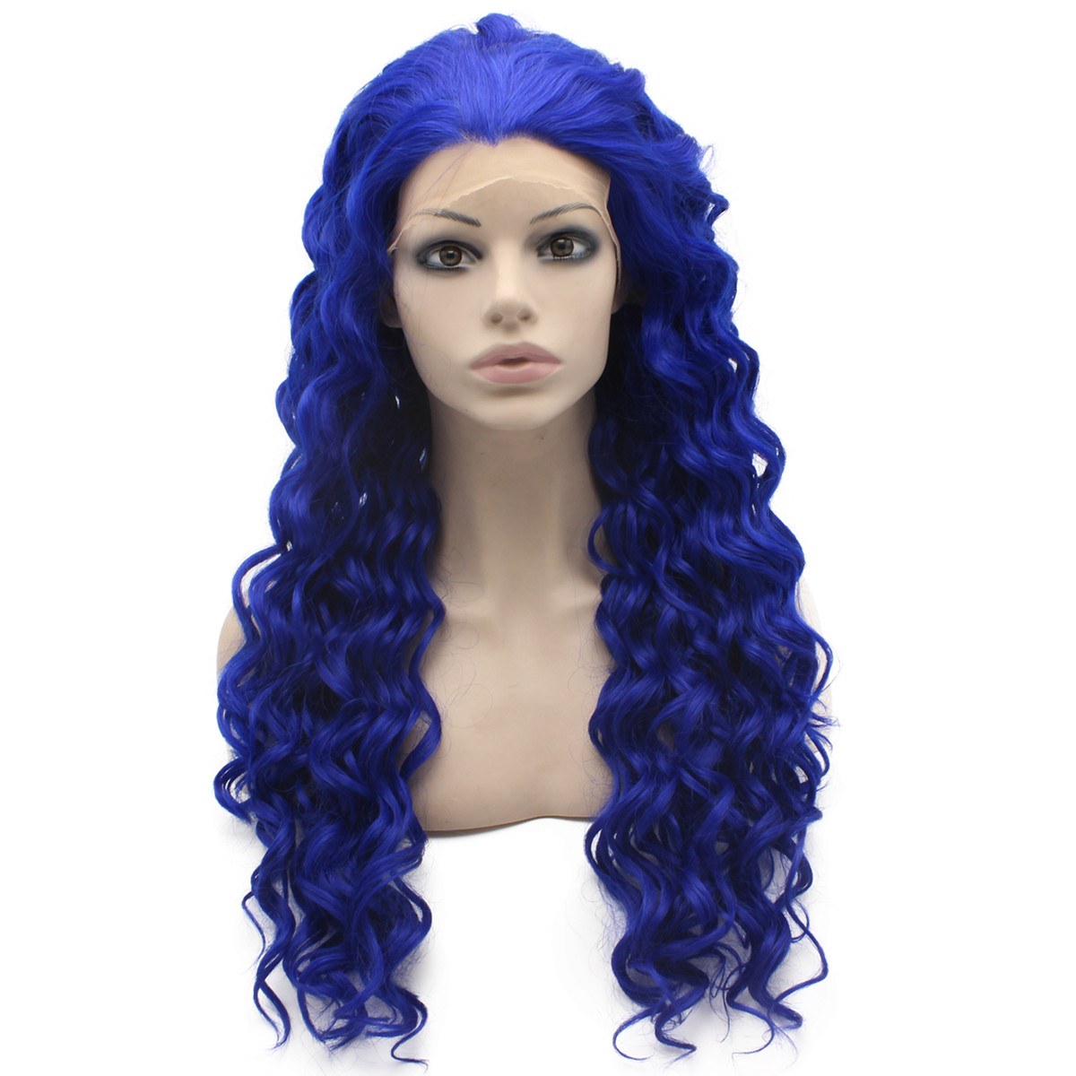 Long Curly Blue Synthetic Lace Front Costume Party Wig