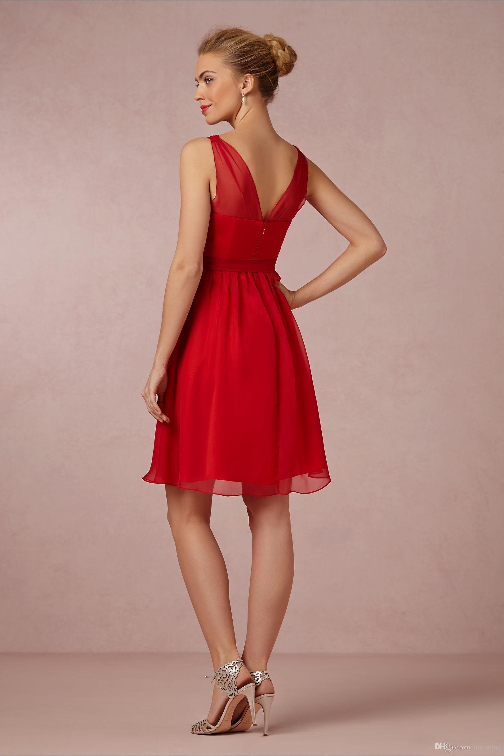 Red Cheap Short A Line Bridesmaid V Neck Chiffon Mini Tail Dresses Flowy Low Back Wedding Party Gowns For Gilrs