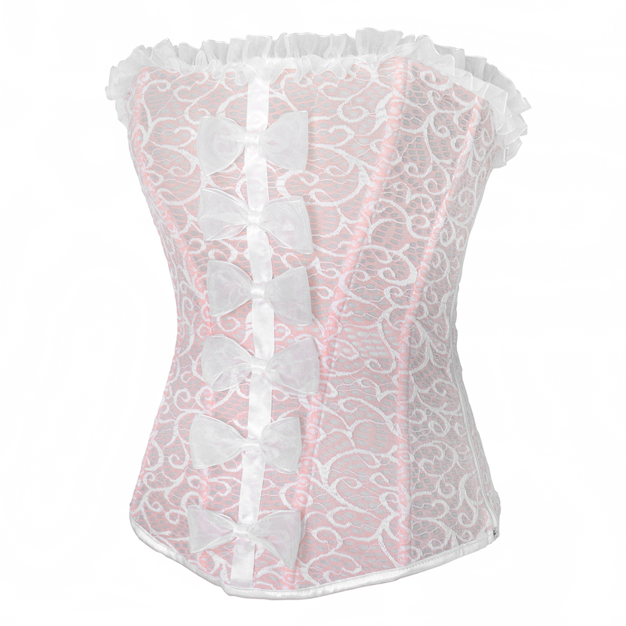 New Women's Pinky Sweet Cute Lolita Overbust Corset with Lace trim and Multi Bow Detail Sexy Dancing Halloween Corset Top