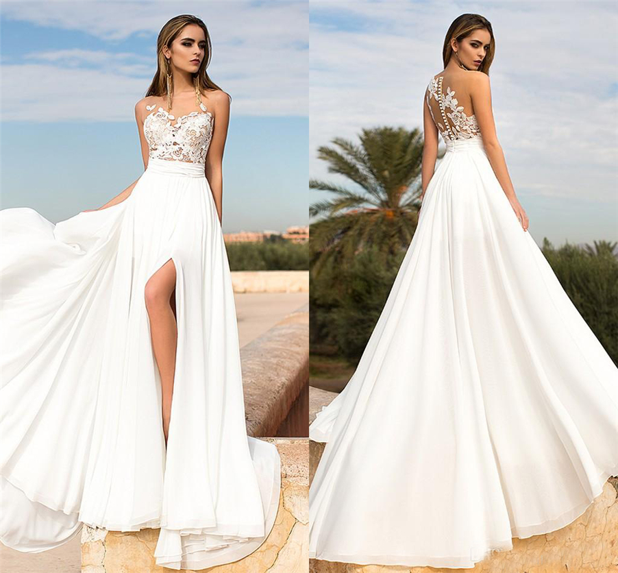 Sheer Crew Neck Lace Appliques Bodice Side Slit Chiffon Bridal Gowns with See Through Back New Summer Beach Boho A-line Wedding Dresses, Custom made from color chart
Sheer Crew Neck Lace Appliques Bodice Side Slit Chiffon Bridal Gowns with See Through Back New Summer Beach Boho A-line Wedding Dresses, Custom made from color chart