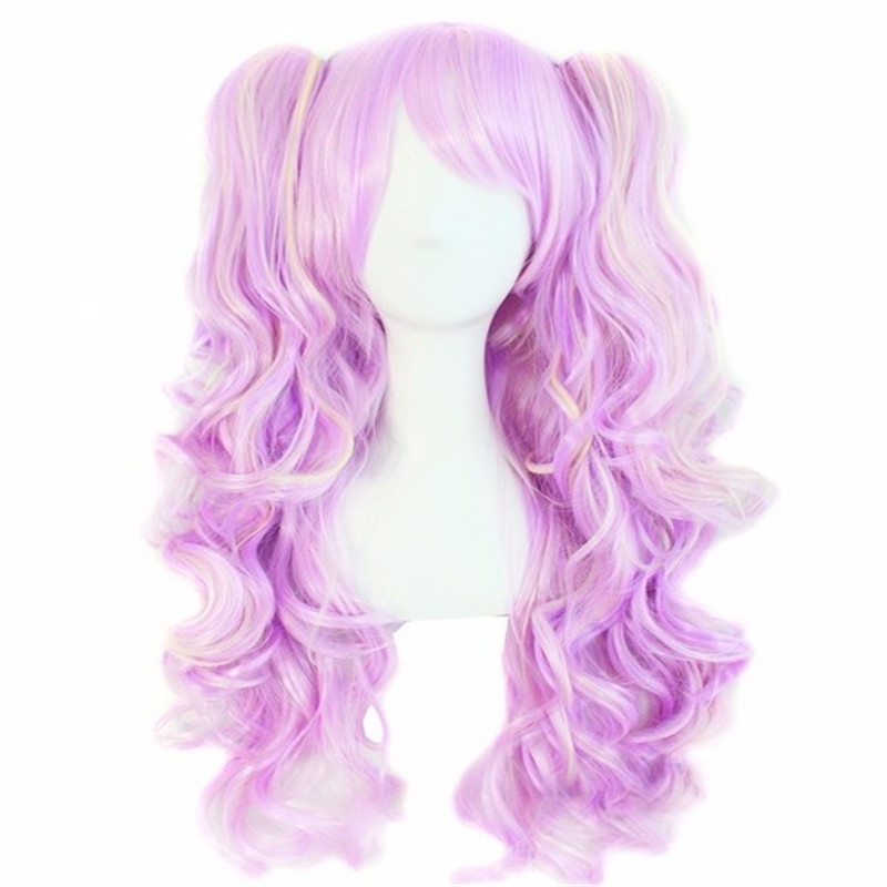Two claw clip ponytail wig WoodFestival Wavy long wigs for women Synthetic hair cosplay wig with bangs Pink purple blue black white beige blonde