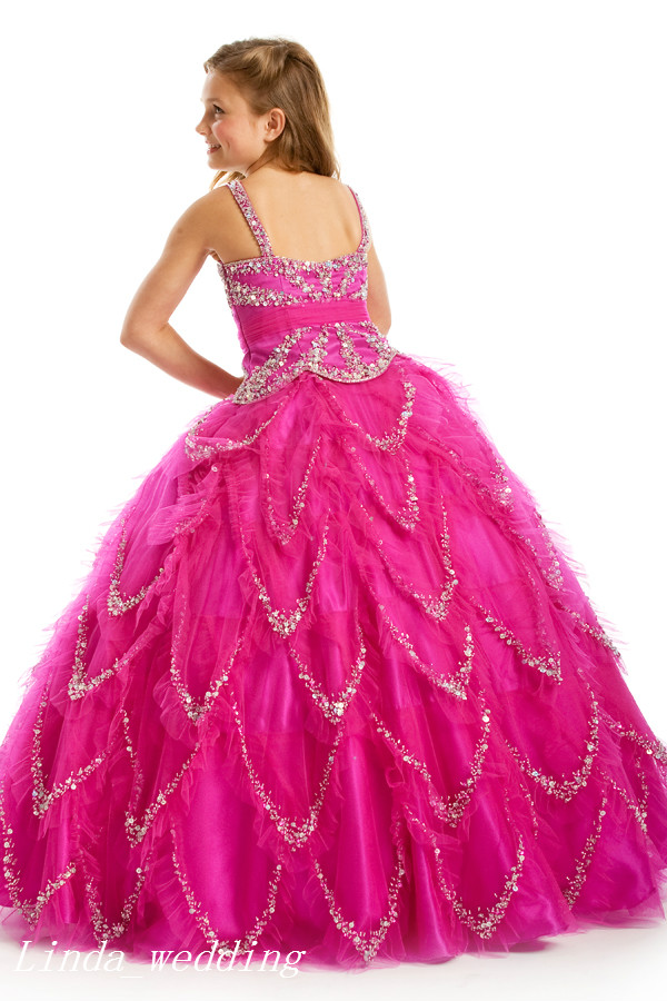 Sugar Fuschia Beaded Girl's Pageant Dress Princess Ball Gown Party Cupcake Prom Dress For Young Short Girl Pretty Dress For Little Kid