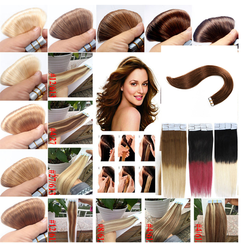 11 Color optional 7A Tape In Hair Peruvian Human Hair Extension Straight Extensions 40pcs/pack Remy Skin weft hairs