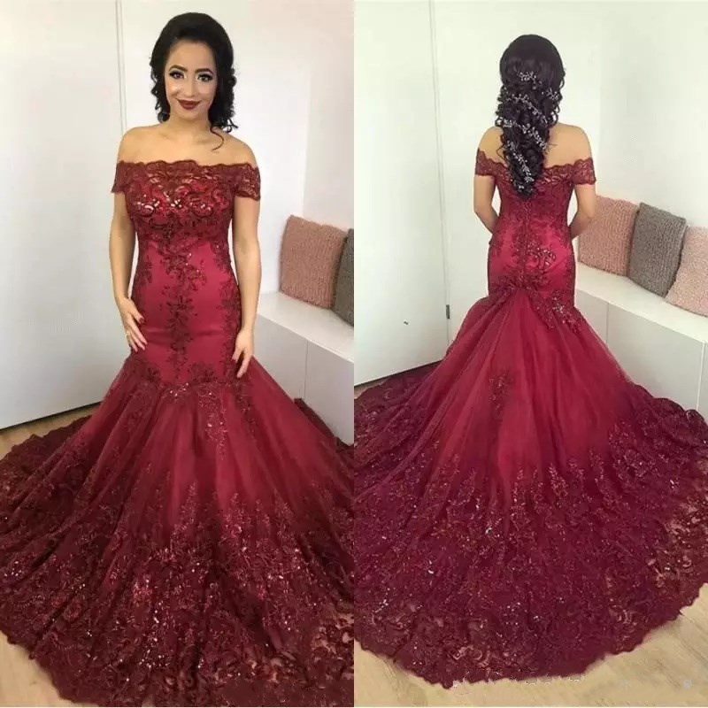 2018 Sparkly Dark Red Mermaid Prom Dresses Arabic African Off the Shoulder Lace Sequins Corset Back Long Prom Formal Gowns Vintage Wear