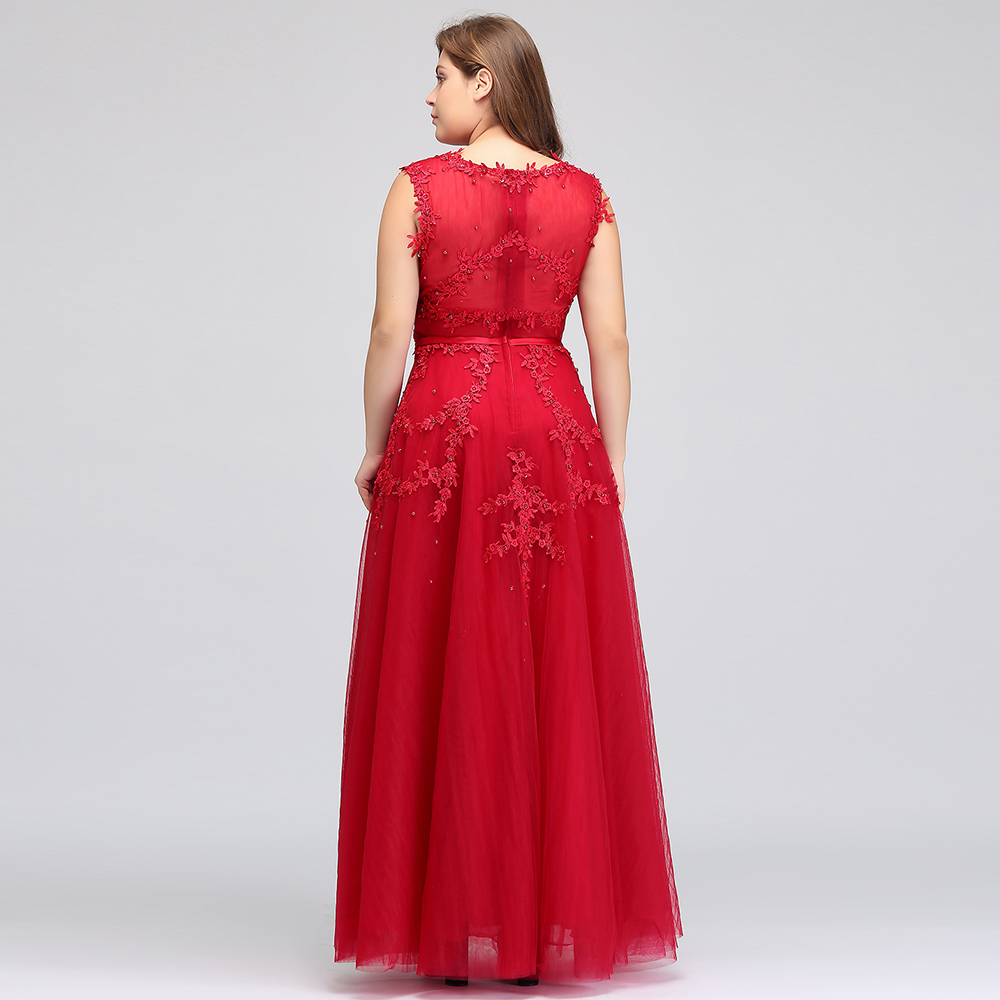 Real Image Plus Size Red Lace Long Evening Dresses Tulle Lace Beaded Floor Length Formal Bridesmaid Dresses CPS299