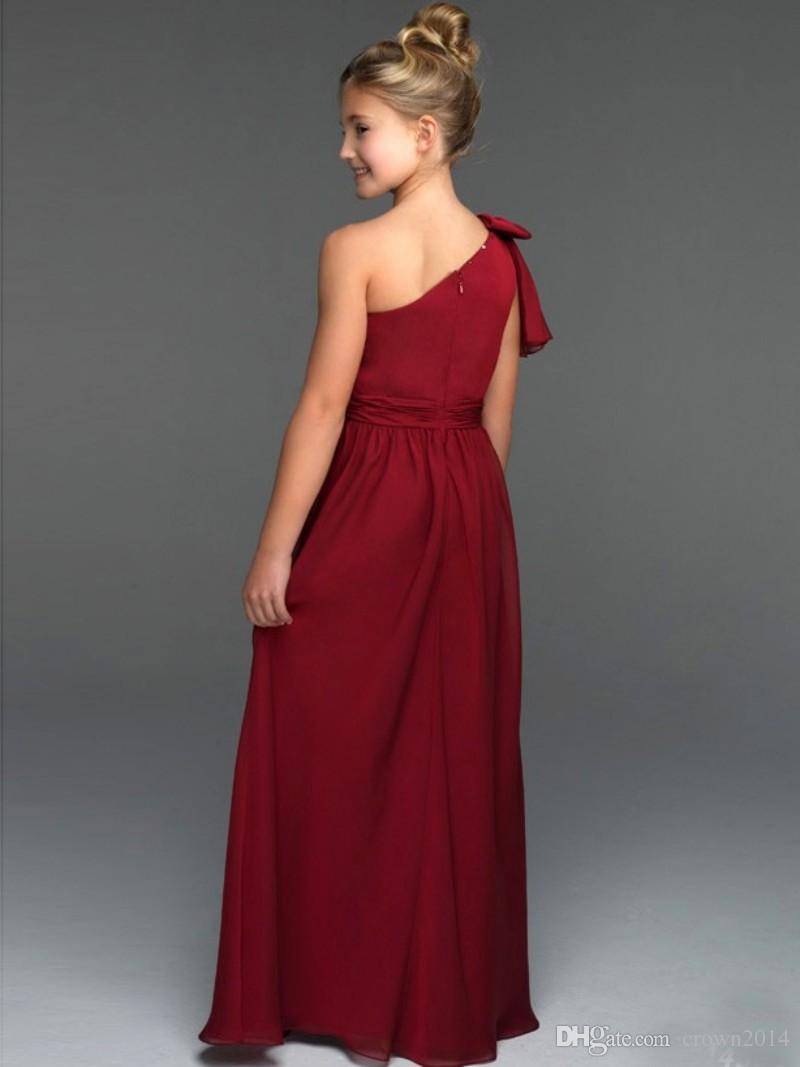 Burgundy Pleated 2022 Flower Girl Dresses One-Shoulder Floor-Length Zipper Back Princess New Flower Gowns With Bow Girls Pageant Dress