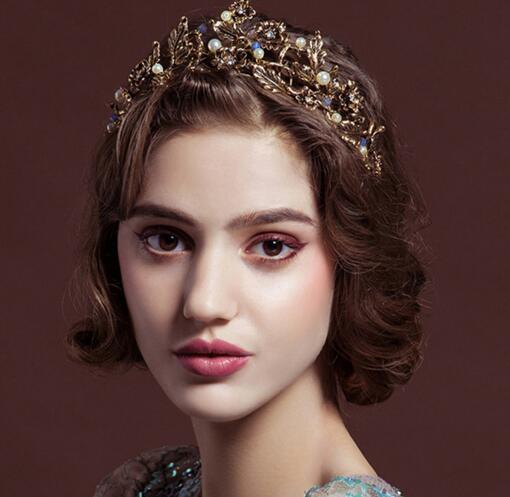 Vintage Gold Baroque Crowns For Party Pearls Wedding Crown Tiaras With Plant Pattern Cheap Bridal Headpiece Flowers Crown Headband