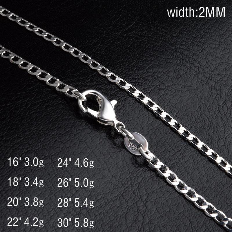 Man woman Necklace 925 silver plating 2mm Sideways chain Necklace 16inch/18inch/20inch/22inch/24inch/26inch/28inch/30inch