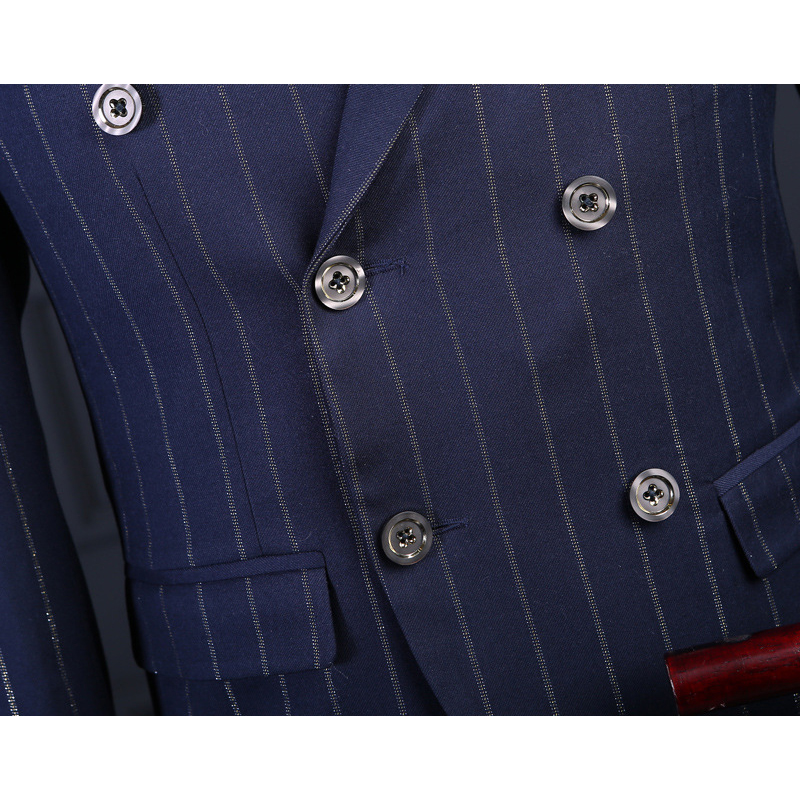 Wholesale- OSCN7 Striped Printed Double Breased Suit Men Custom Made Navy Blue Wedding Suit Men Fashion Costume Homme Plus Size Terno