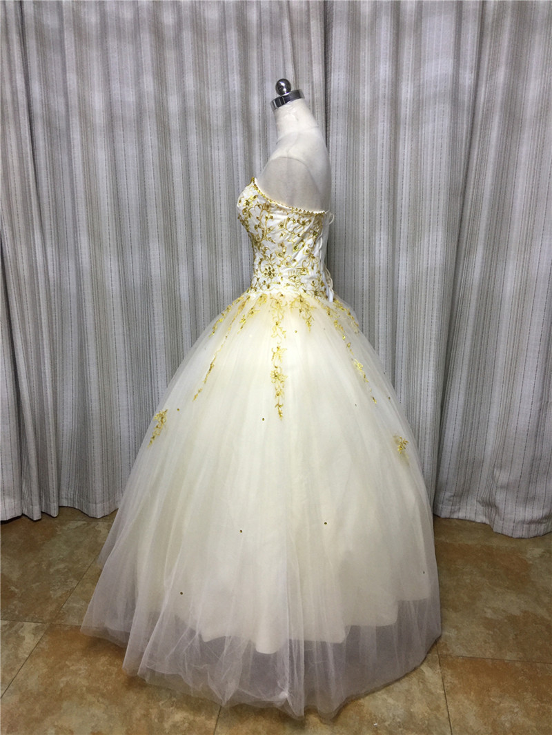 2017 Sexy Gold Embroidery Ball Gown Quinceanera Dress with Beading Sequins Tulle Plus Size Sweet 16 Dress Vestido Debutante Gowns BQ84