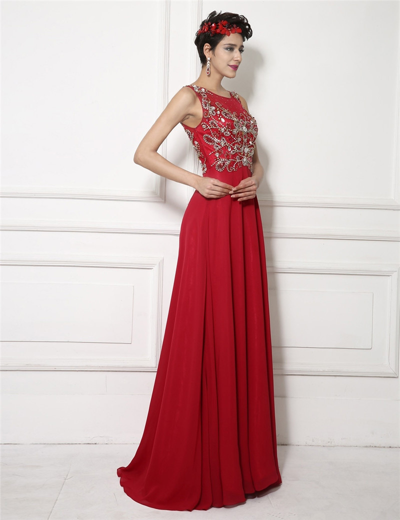 2017 Sexy Red Scoop Crystal A-Line Formal Evening Dresses With Backless Chiffon Floor-Length Plus Size Prom Party Celebrity Gowns BE13