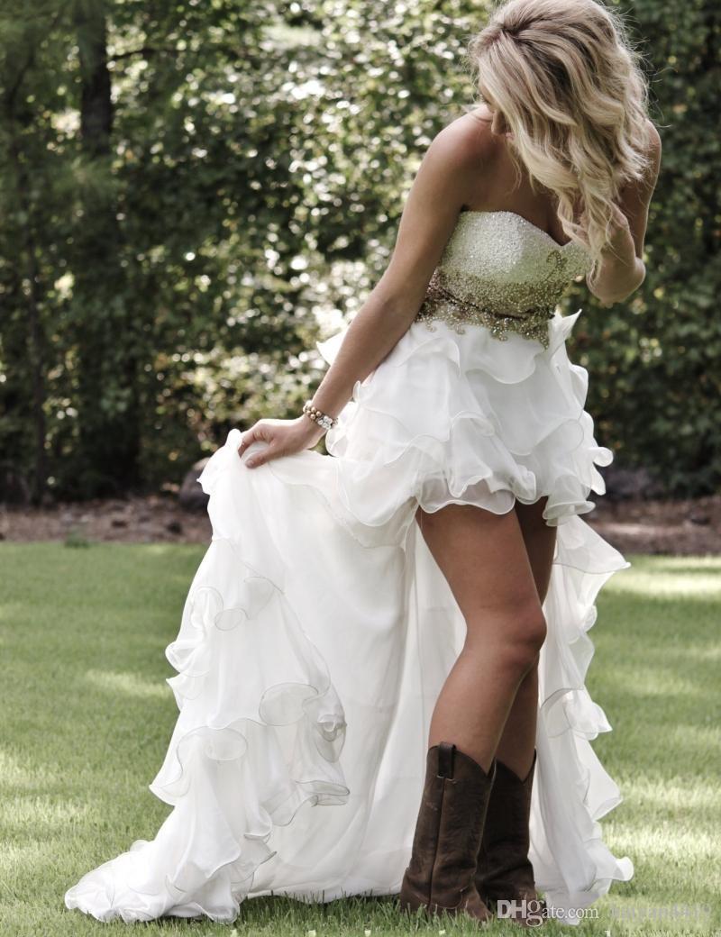 Cheap Country Wedding Dresses Sweetheart Bling Crystal Beaded Organza Tiered Ruffles High Low Plus Size Summer Beach Bridal Gowns