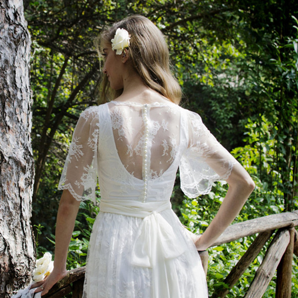 Bohemian Wedding Dresses 2018 Elegant Full Lace Illusion Back Short Sleeve With Sash Long Boho Bridal Gowns Custom Made China EN11287