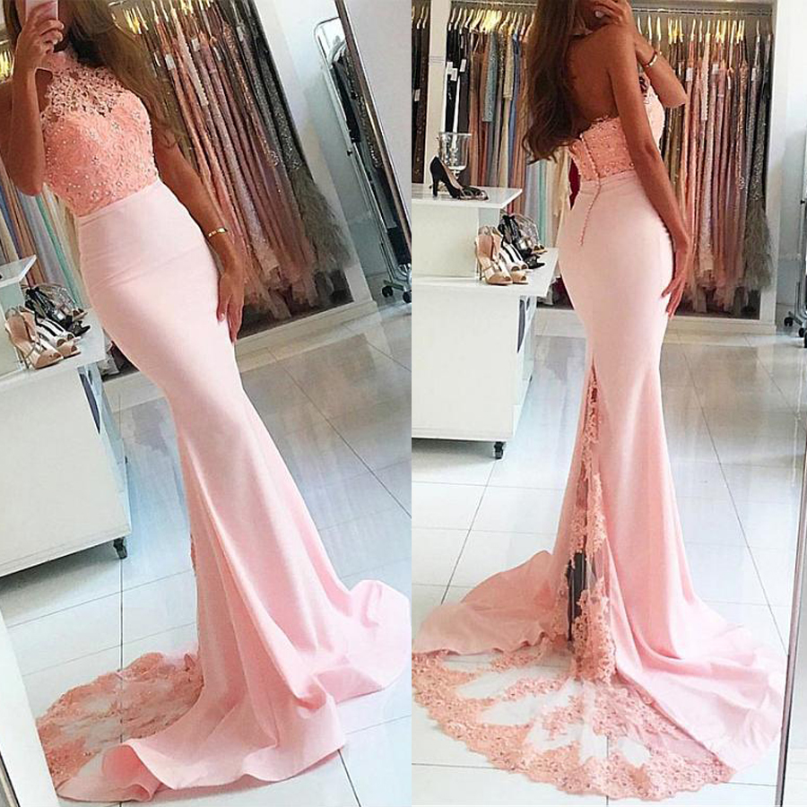 Popular Stretch Satin High Collar Neckline Mermaid Prom Dresses With Beaded Lace Appliques & Belt Pink Backless Evening Dress, Gold
Popular Stretch Satin High Collar Neckline Mermaid Prom Dresses With Beaded Lace Appliques & Belt Pink Backless Evening Dress, Gold