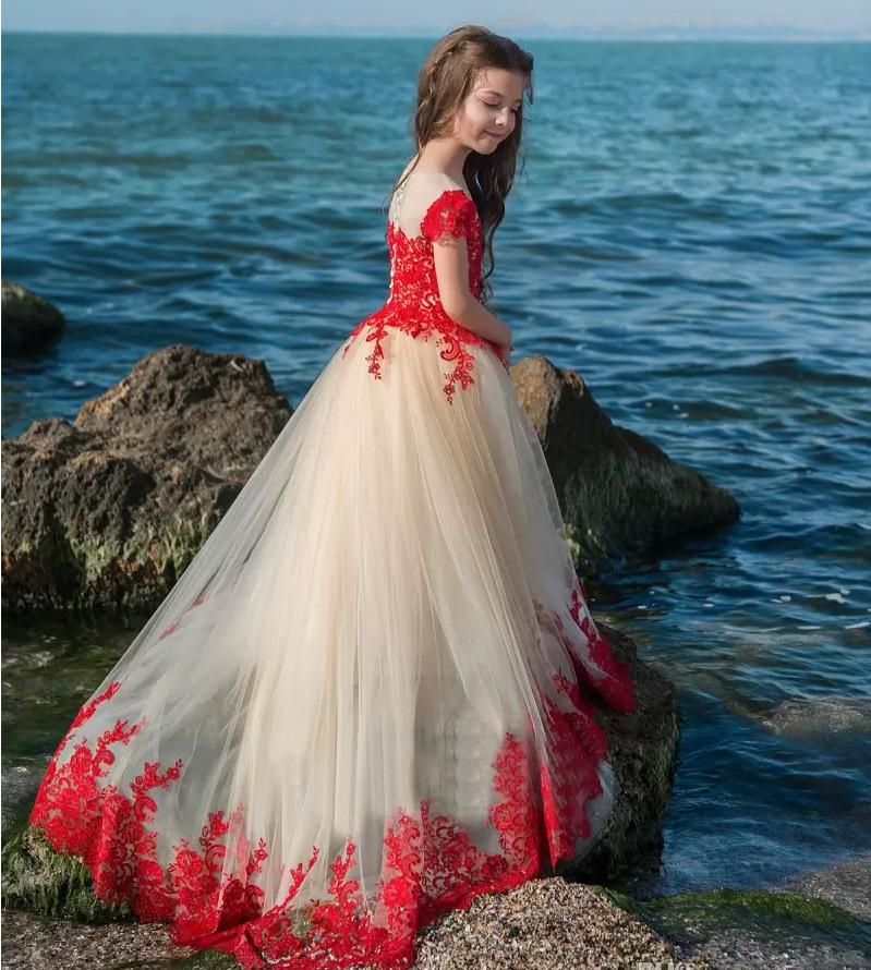 Red Lace Flower Girl Dresses Short Sleeve Jewel Neck Applique Family party birthday Girl's Pageant Dress