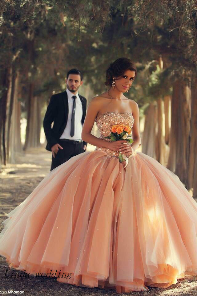 Free Shipping Peach Color Sweetheart Beads Crystals Wedding Dress Tulle Ball Gown Robe De Mariage Long Wedding Bridal Gowns