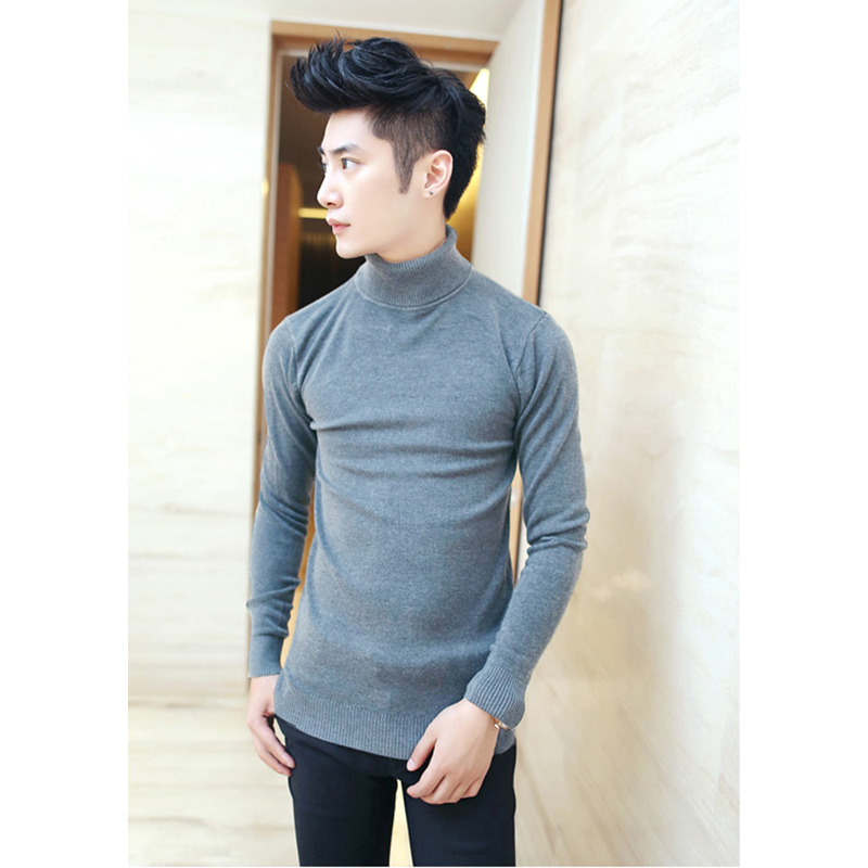 Wholesale-2016 new brand fashion men's sweaters korean sweater men turtleneck men full sleeve solid color thick wool blend mens pullover