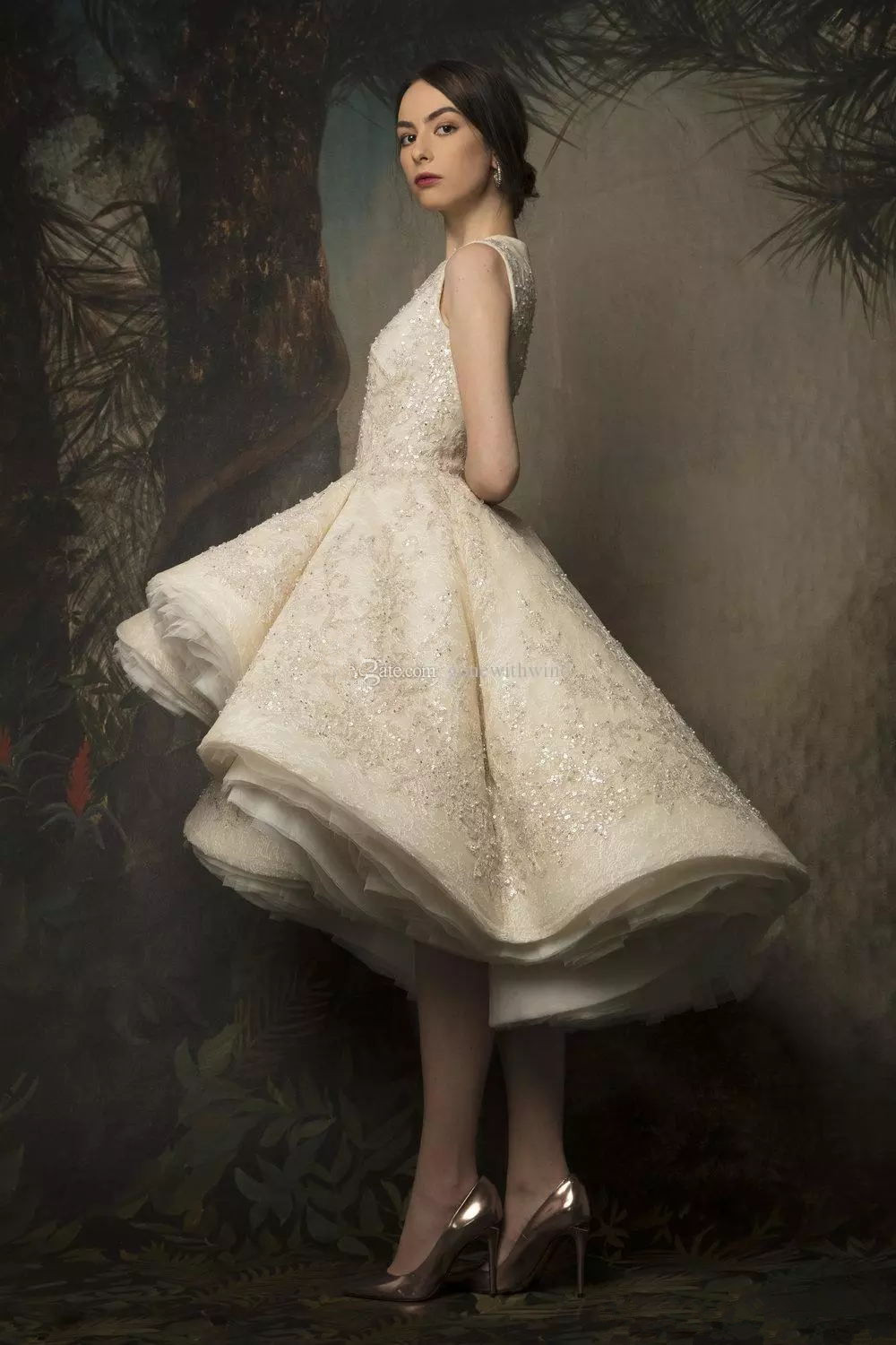 High Low Ball Gown Dresses Evening Wear 2019 Krikor Jabotian Jewel Neckline Sleeveless Knee Length Lace Prom Gowns With Sequins And Pearls
